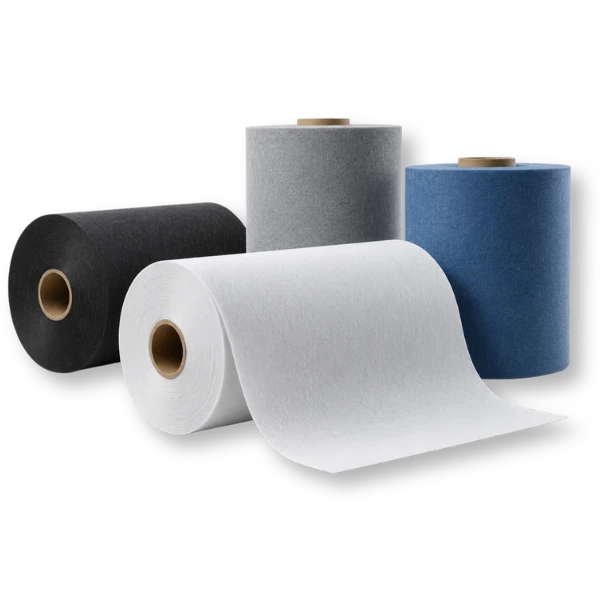 Bobinas de TNT Celti nas cores branco, preto, cinza e azul, sem fundo